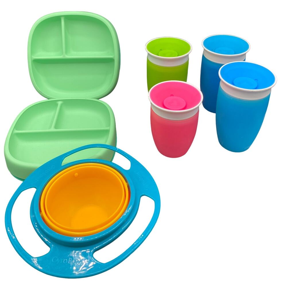 Lot 7 Munchkin 360 Gyro Bowl Nuk Suction Plate Cup Sippy Toddler Boy Girl Blue